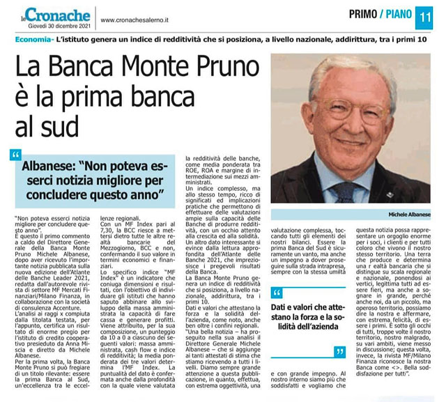 Le Cronache - La Banca Monte Pruno è la prima banca al Sud