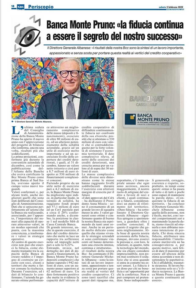 Cronache Lucane - Banca Monte Pruno: "la fiducia continua a essere il segreto del nostro successo"