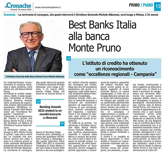 Le Cronache - Best Banks Italia alla Banca monte Pruno