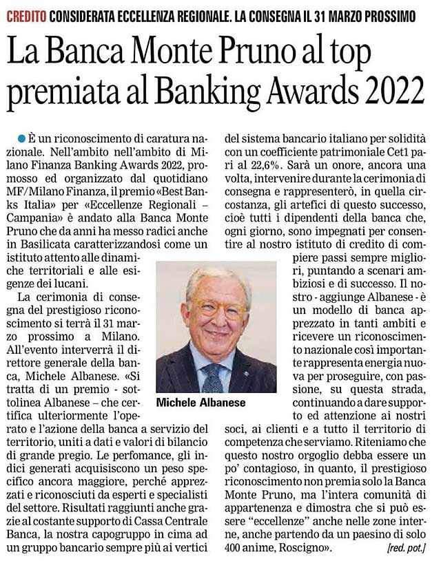 La Gazzetta Del Mezzogiorno - La Banca Monte Pruno al top premiata al Banking Awards 2022