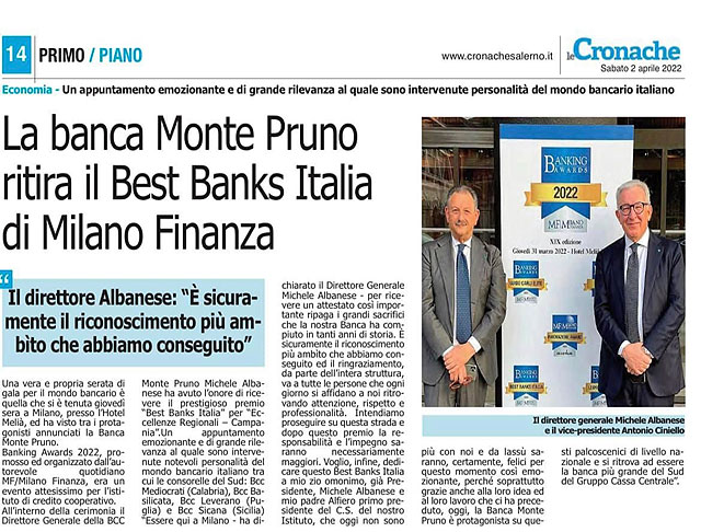 Le Cronache - La Banca Monte Pruno ritira il Best Banks Italia di Milano Finanza