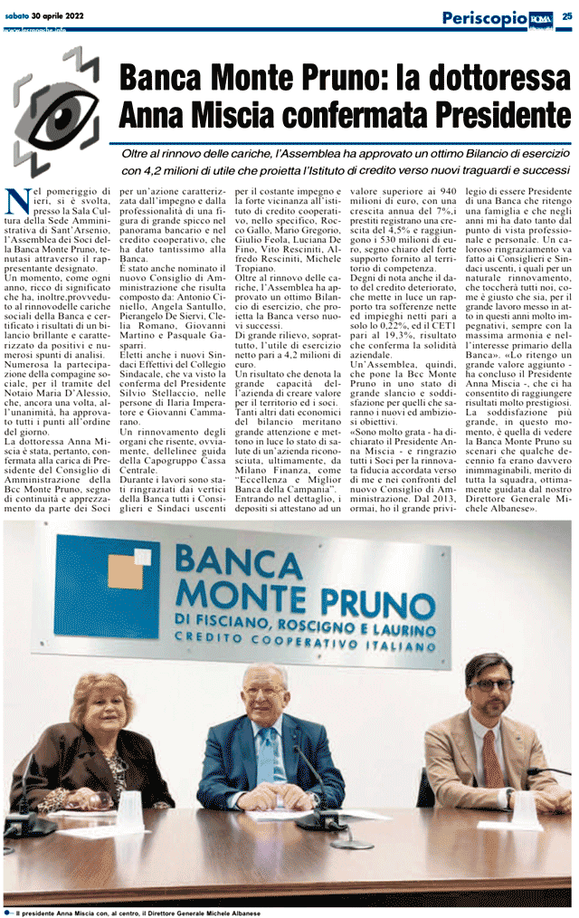 Le Cronache Lucane: Banca Monte Pruno: la dottoressa Anna Miscia confermata Presidente