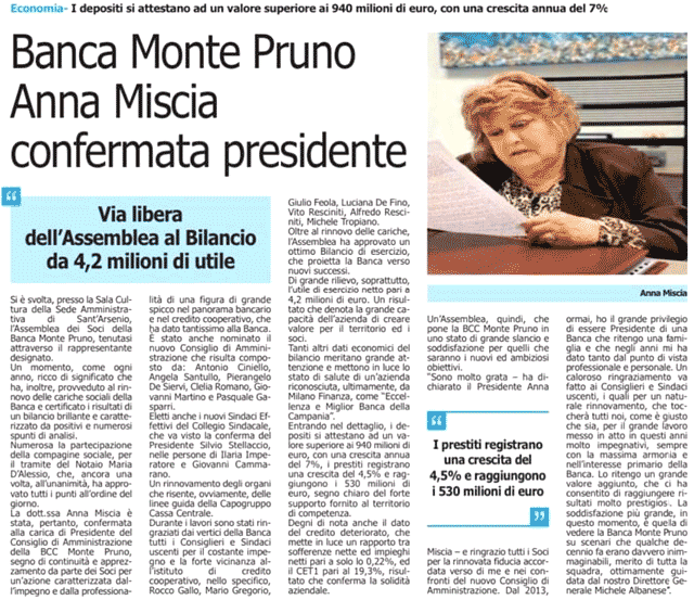 Le Cronache: Banca Monte Pruno Anna Miscia confermata Presidente