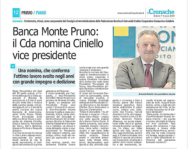 Le Cronache - Banca Monte Pruno: il Cda nomina Ciniello vice presidente