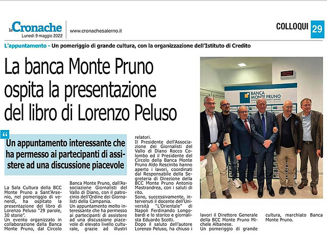 Le Cronache - La Banca Monte Pruno ospita la presentazione del libro di Lorenzo Peluso