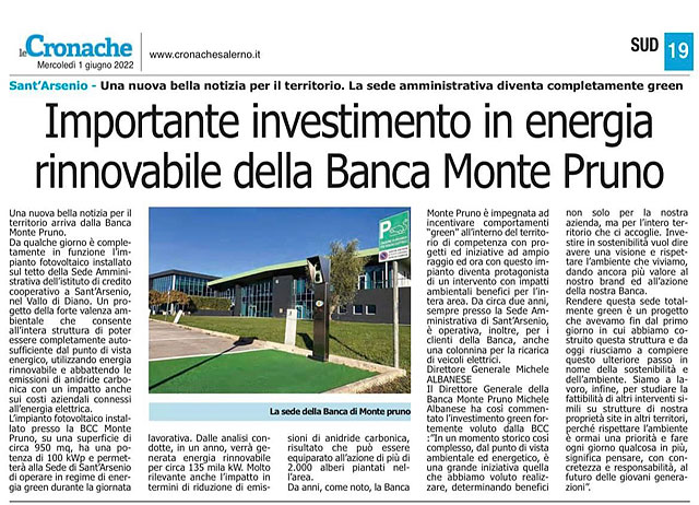 Le Cronache - Importante investimento in energia rinnovabile della Banca Monte Pruno