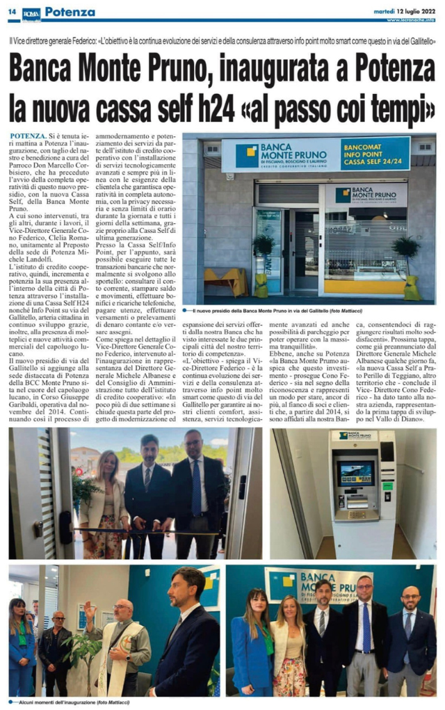 Cronache Lucane - Banca Monte Pruno, inaugurata a Potenza la nuova cassa self h24 "al passo coi tempi"