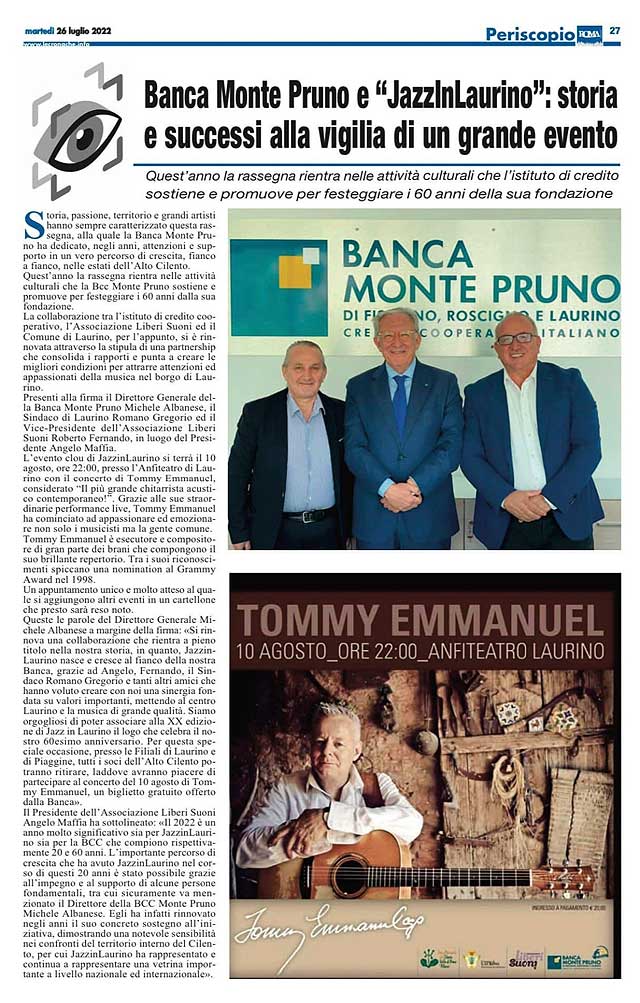 Cronache Lucane - Banca Monte Pruno e "JazzinLaurino": storia e successi alla vigilia di un grande evento