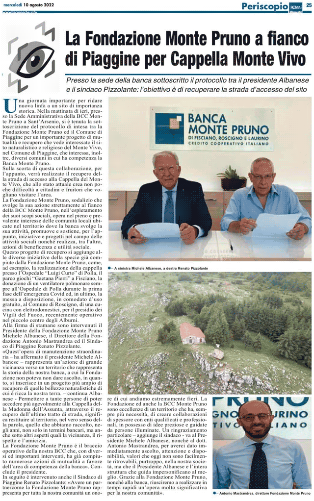 Le Cronache Lucane: La Fondazione Monte Pruno a fianco di Piaggine per Cappella Monte Vivo
