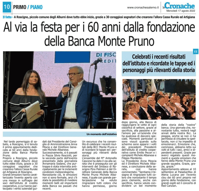 Le Cronanche: Al via la festa per i 60 anni della fondazione della Banca Monte Pruno