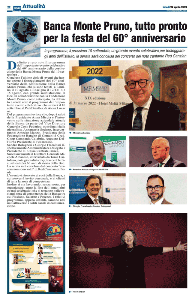 Le Cronache Lucane: Banca Monte Pruno, tutto pronto per la festa del 60° anniversario