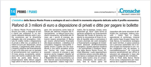 Le Cronache - Plafond di 3 milioni di euro a disposizione di privati e ditte per pagare le bollette