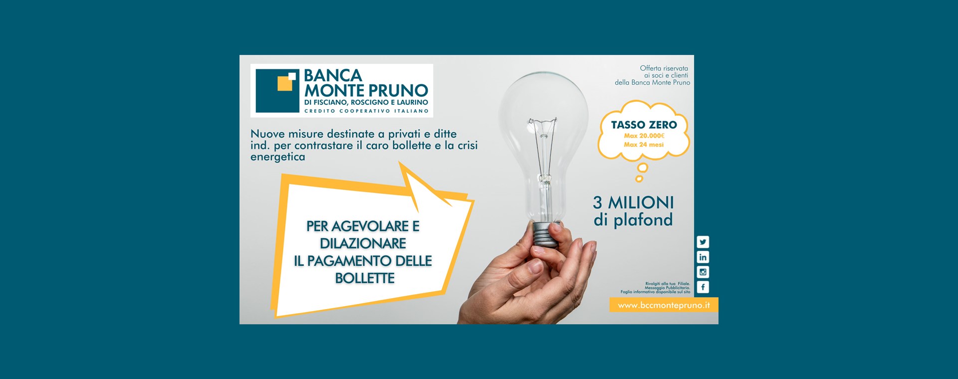 Dalla Banca Monte Pruno 3 milioni di euro per contrastare il caro bollette. 
